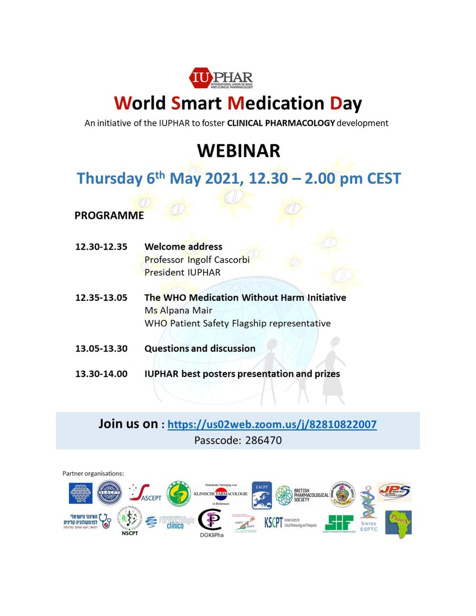 Important News: @IUPHAR is launching the 'World Smart Medication Day' on 6th May 2021 at 12:30pm CEST on Zoom - Raising Awareness on Safer & More Effective Use of Drugs & Foster Clinical Pharmacology Development. Poster Prize-Winners will be announced! @iuphar_clindiv