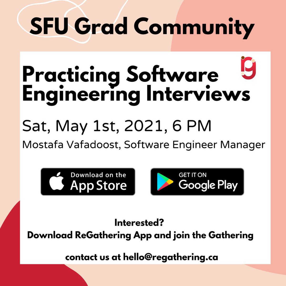 ReGathering_ca's tweet photo. Practicing Software Engineering Interviews

Sat, May 1st, 2021, 6 PM
Mostafa Vafadoost, Software Engineer Manager

Interested? 
Download ReGathering App and join the Gathering

contact us at hello@regathering.ca https://t.co/pRC3lS6xDE