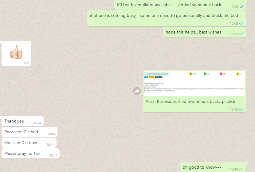 volunteers at <a href="/covidpune/">CovidPune.com</a> .. congrats to you... some one just received ICU bed and hopefully will help in speedy recovery.... keep up the good work!👏

#CovidHelpPune #COVIDstoris