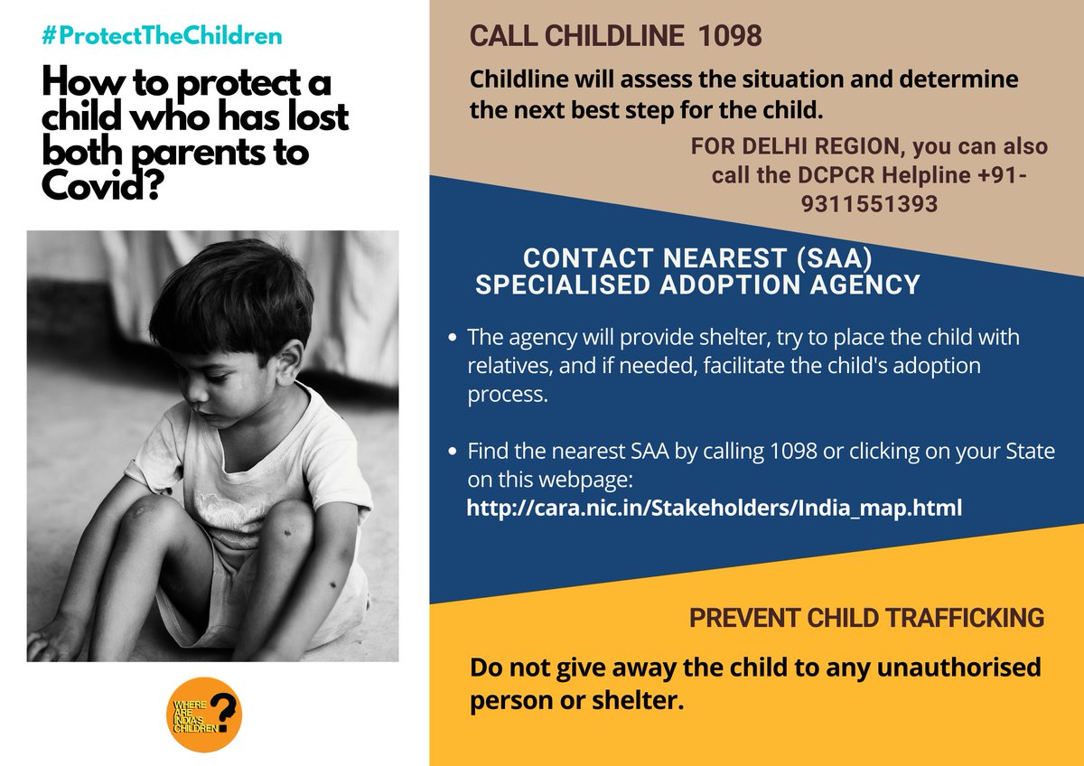 Where Are India's Children (@waic_campaign) on Twitter photo If a child loses both parents to Covid, do not give away the child to any random person or shelter. Call 1098 to contact the nearest specialised adoption agency. #ProtectTheChildren #Covid19 @PremnathV6 <a href="/aparanjape/">Amit Paranjape</a> <a href="/CARAWCD/">Central Adoption Resource Authority, MWCD, GOI</a> <a href="/MinistryWCD/">Ministry of WCD</a> <a href="/NCPCR_/">NCPCR</a> @Covid19 If a child loses both parents to Covid, do not give away the child to any random person or shelter. Call 1098 to contact the nearest specialised adoption agency. #ProtectTheChildren #Covid19 @PremnathV6 <a href="/aparanjape/">Amit Paranjape</a> <a href="/CARAWCD/">Central Adoption Resource Authority, MWCD, GOI</a> <a href="/MinistryWCD/">Ministry of WCD</a> <a href="/NCPCR_/">NCPCR</a> @Covid19