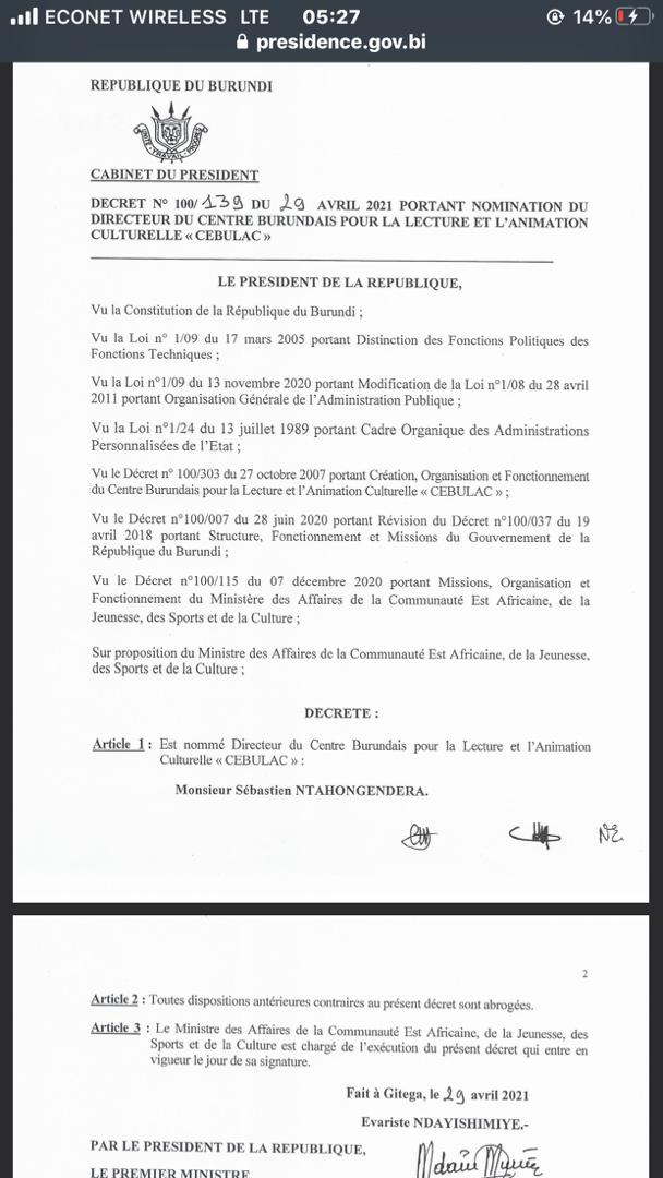 Mes sincères félicitations à M. Sébastien Ntahongendera pour sa nomination au poste de Directeur  du Centre Burundais pour la Lecture et l'Animation Culturel (CEBULAC). Homme intellectuel et profondément culturel, il est nommé à la place qu'il faut ! Bon vent à lui 🙏 <a href="/NtareHouse/">Ntare Rushatsi House</a>