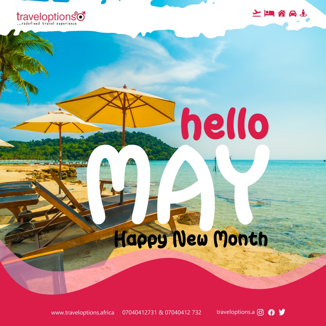 #May every entrepreneurial, investment and business effort yield a deserving return for you this month.

Welcome to the month of May
#newmonthalert #newmonth #may  #flight #flightexperience #traveloptionsdotafrica #hotels #hotelsnigeria #movieticket #apartment #travel #tourism