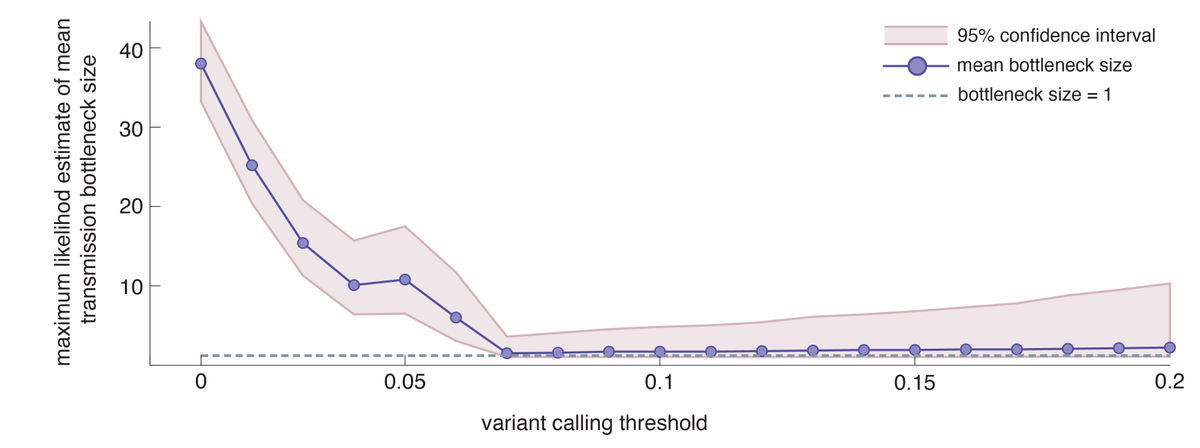 Transmission bottlenecks in household pairs are *narrow* and sensitive to the variant calling threshold. Narrow bottlenecks → diversity is lost at the time of transmission → limited shared diversity in households and in phylogenetically linked infxs! 8/12