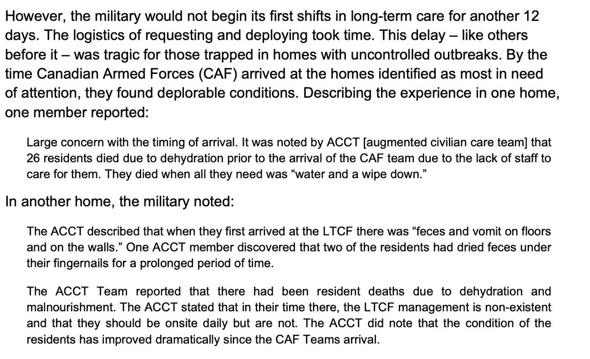 This is new and terrible. From CAF notes, on the delay in deployment: "26 residents died due to dehydration prior to the arrival of the CAF team due to the lack of staff to care for them. They died when all they need was 'water and a wipe down.'"