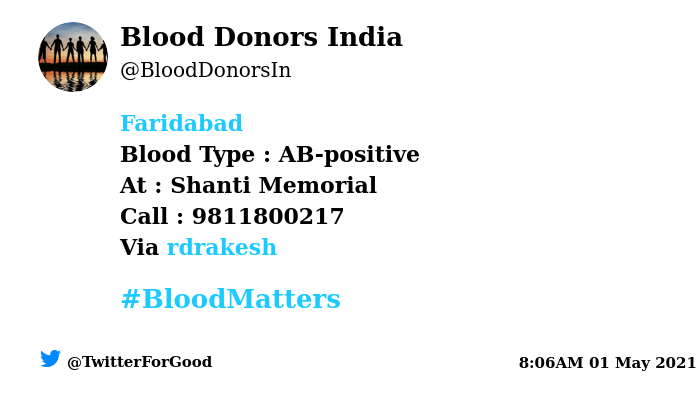 BloodDonorsIn's tweet photo. #Faridabad
Need #Blood Type :  AB-positive
At : Shanti Memorial
Blood Component : Need plasma AB+ve #COVID19 recovered patient
Number of Units : 2
Primary Number : 9811800217
Via: @rdrakesh
#BloodMatters
Powered by Twitter https://t.co/fEbVr5IqZ1