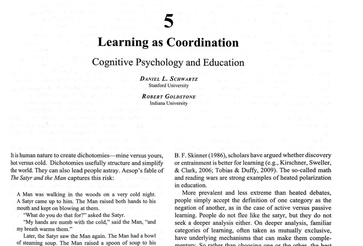 ProfMacCormack's tweet photo. @Monsieur_Parent @SteveMasson @dylanwiliam @stevebissonnett @ChrisMattatall @ULethbridgeEdu @uOttawaEdu @NumCog @DTWillingham @P_A_Kirschner Whoa, tough question. But, once I thought about it, this paper came to mind. Schwartz and Goldstone's (2016) paper on dichotomies and coordination is information-rich and an enjoyable read. I find myself thinking about it often. Let me know what you make of it, @Monsieur_Parent https://t.co/L6Z9k7TZCC