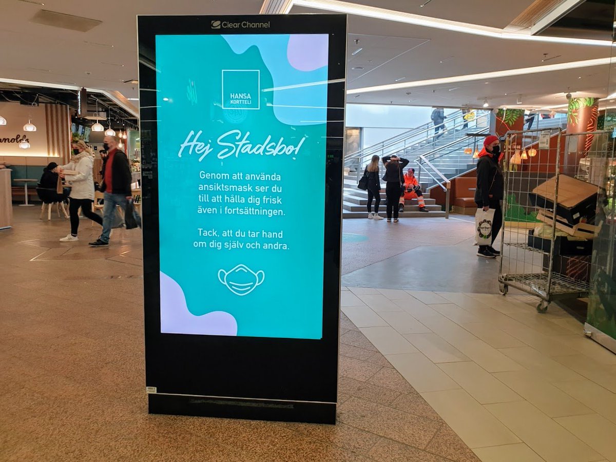 Mask signs in the shopping centre. The message: Let's take care of each other.I don't know what the current situation is in Sweden, but the messaging there has too often been that you can wear a mask if you are afraid for your own sake - not mentioning protecting others.