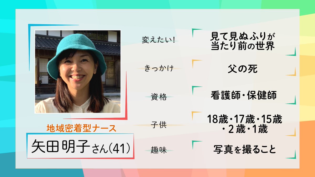 バトンタッチ Sdgsはじめてます 土曜よる6時 Bs朝日 On Twitter 今日夕方６時から放送 バトンタッチ 最初の主人公は矢田明子さん 彼女が提案する コミュニティナース のアイデアは 看護の仕組みを地域の問題と結びつけ 新たな 住んで楽しく安心できる