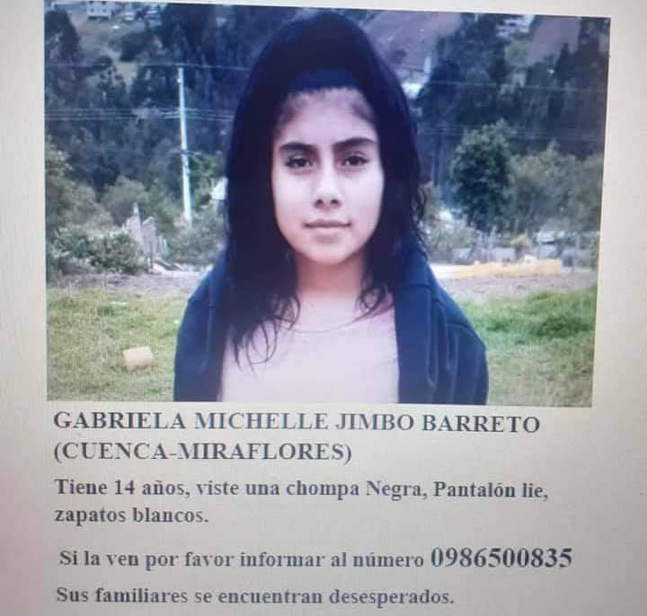 URGENTE | #Cuenca 🚨
Ayuda Gabriela Michelle Jimbo Barreto está desaparecida desde hoy 30 de abril, fue vista la última vez en Miraflores cuidadela Santa Ana.

Tiene 14 años, viste una chompa negra, jean y zapatos blancos. Cualquier información al: 098 650 0835
Por: <a href="/CCInoticias/">CCI Online Noticias</a>
