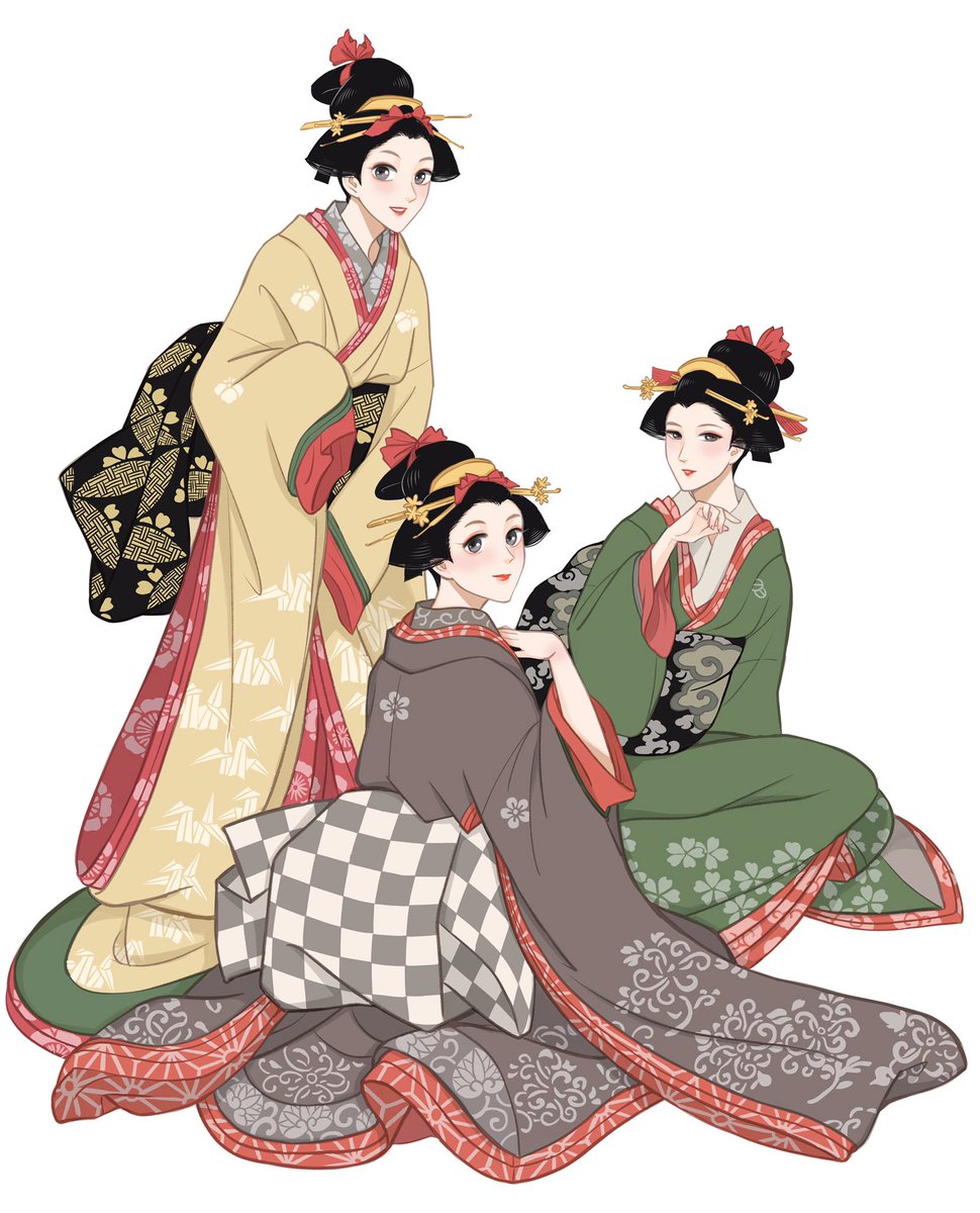 japanese clothes kimono 3girls black hair white background hair ornament multiple girls  illustration images