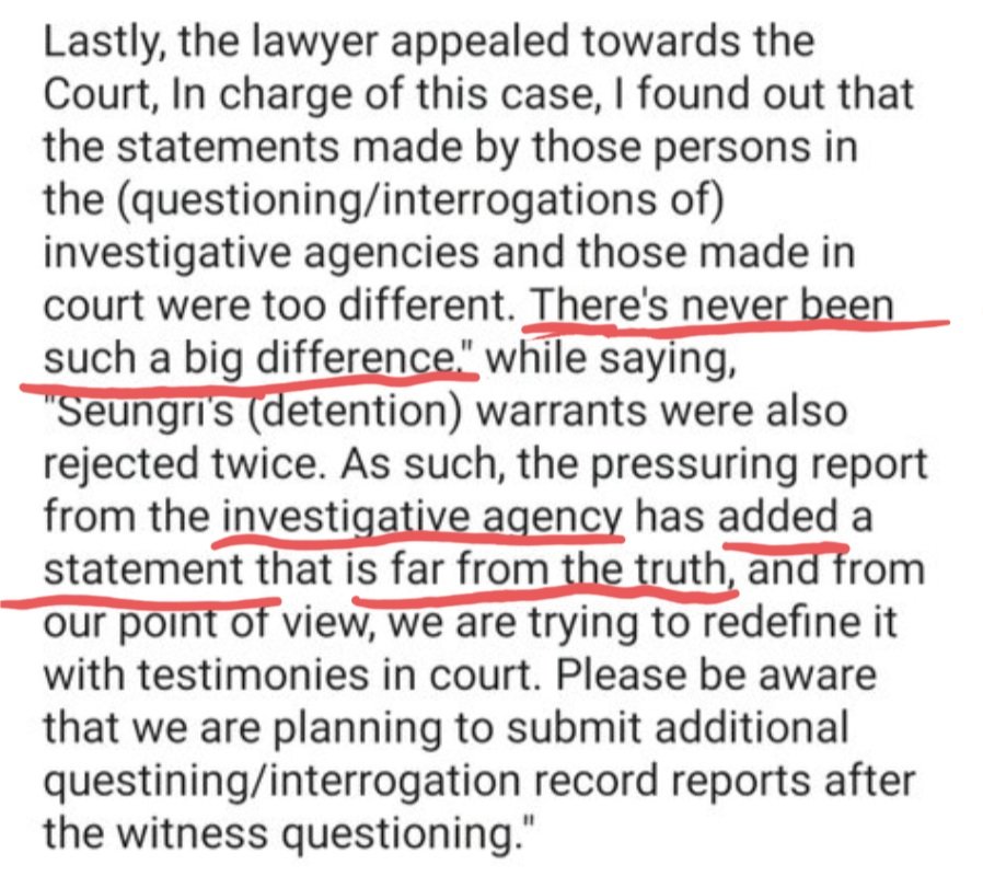 Seungri's lawyer also pointed out the HUGE difference between witness testimonies in court & the statements by the investigation agencies. The agencies added statements that aren't the truth  #StopLyingAboutSeungri  #ScreamOutForSeungri