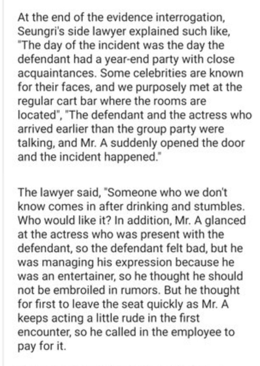  11th hearing: It was revealed Seungri protected an actress against a drunk man that entered his private room in the bar, the man glanced at the actress, made SR & the woman uncomfortable, but SR managed to lessen the tension, he made sure to sent the actress back safely