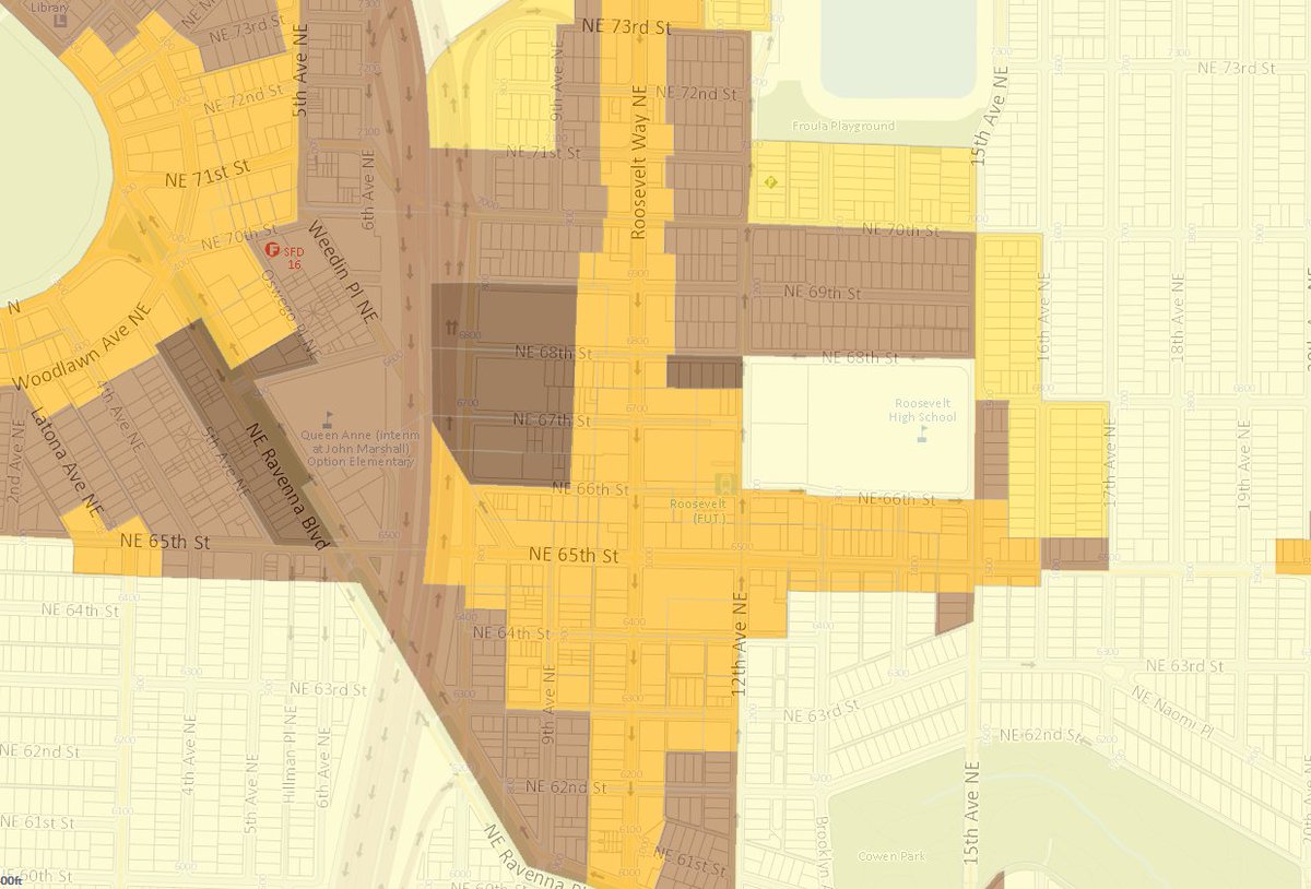it gets better. ST2... let's look at the zoning near some light rail stations about to come online...roosevelt. we've got single family zoning less than 2 blocks to the station. this area was upzoned w/ MHA, but there's no planning - and little social housing planned