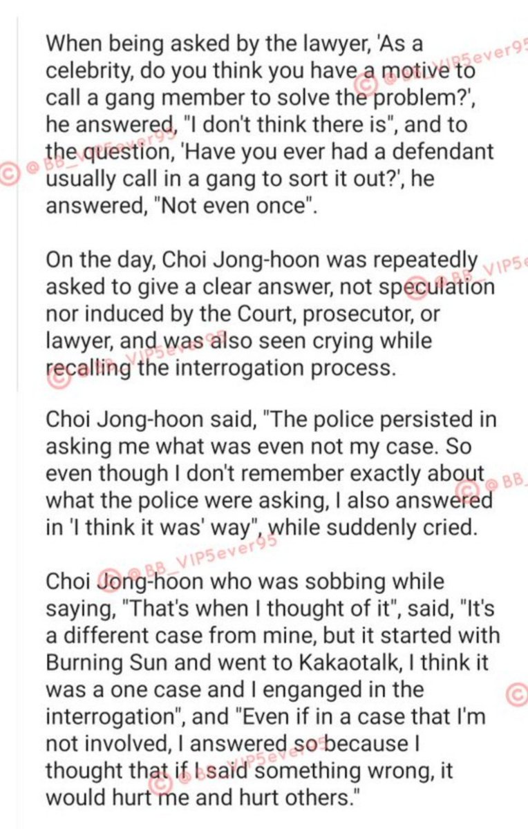  16th hearing: Choi Jong-Hoon testified: He never seen nor heard Seungri ever mobilized gangsters, all were just his own speculations. And the police pressured Choi to make these speculations. He cried and apologized to Seungri  #StopLyingAboutSeungri #ScreamOutForSeungri
