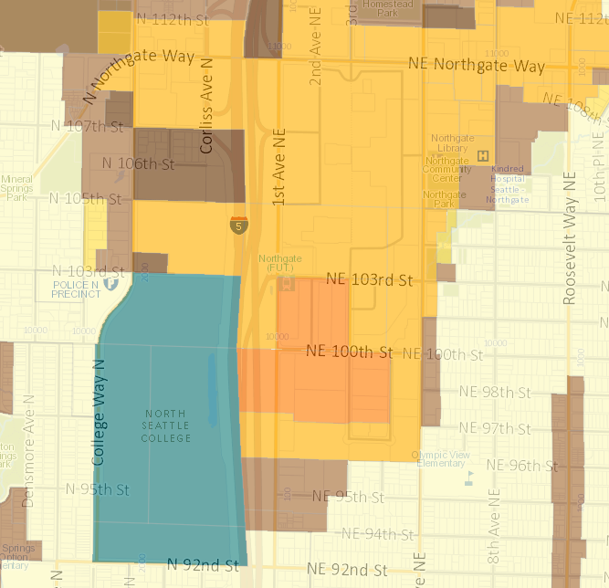 we love our highway-adjacent transit in this city. northgate? goes to single family zoning within a quarter mile. it's a little better than others, allowing 240' buildings near the station... but planned projects are less than half that right now. ¯\\_(ツ)_/¯