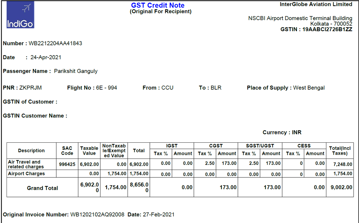 GoswamiSubhra's tweet photo. @IndiGo6E No, the total amount received by Indigo is 9002/-. Pls see the screenshot of GST credit note. You will find invoice no also for ref. Pls check at your end and process the remaining refund. https://t.co/YtASMVc9Ta