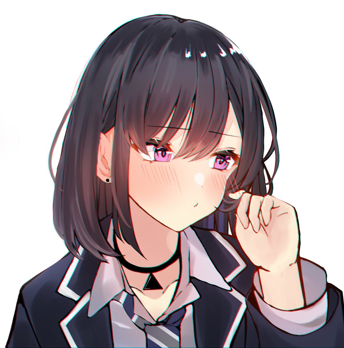 1girl solo black hair jacket blush necktie shirt  illustration images