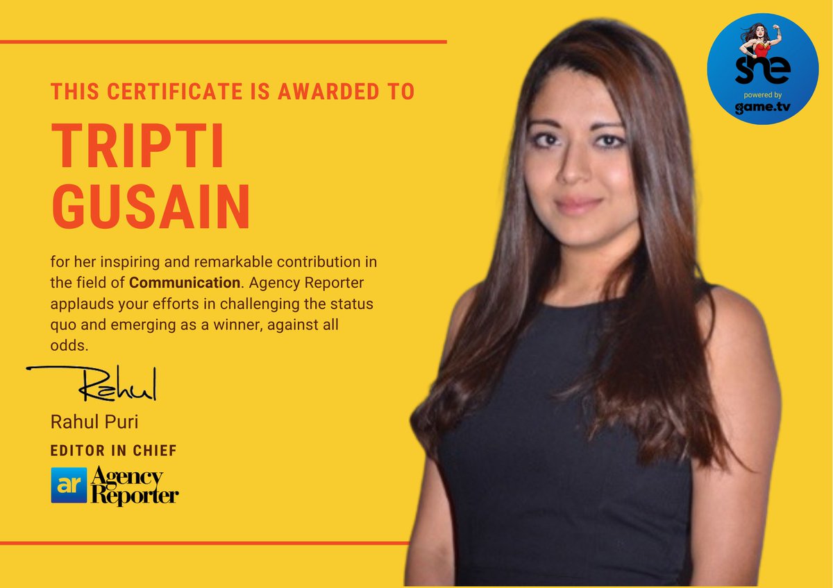 Congratulations <a href="/TriptiGusain/">Tripti Gusain</a>, <a href="/RuderFinnIndia/">Ruder Finn India</a> on being recognized as one of the most remarkable #WomenProfessionals of 2021. 

You are a well-deserved winner of the title of #SHE.