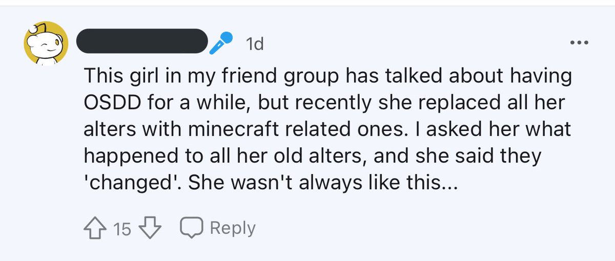 - “this girl in my friend group has talked about having osdd for a while”i found out i have osdd only a few weeks ago. also, again, not a girl. - “recently she replaced all her alters with minecraft related ones”again, only found out i have osdd a few weeks ago & the most