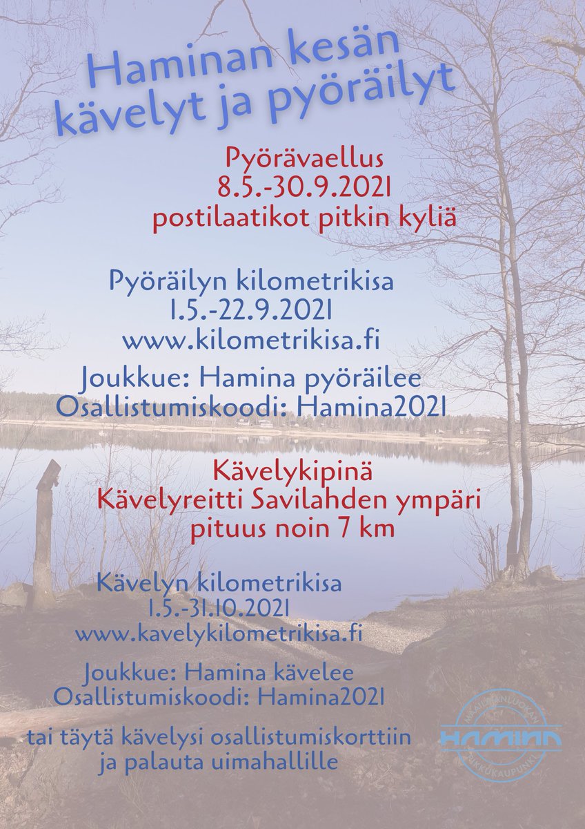 Se on toukokuu ja kilometrikisat käynnistyy. Rekisteröi itsesi mukaan ja tehdään Haminasta kävelyn ja pyöräilyn kaupunki 🚶🚴🏃‍♂️
Ulkoillaan yksin ja yhdessä - hyötyliikutaan ❤️
#liikkuvahamina
#kylätlentoon
#liikuhaminassa
@Haminankaupunki