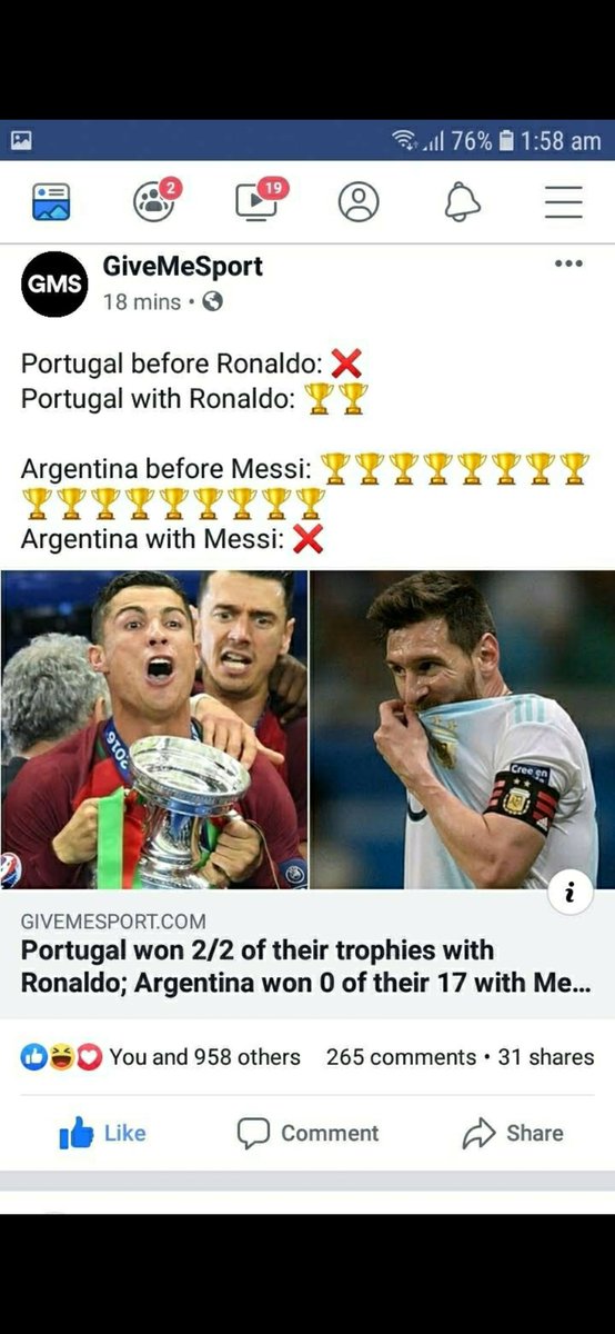 Before Messi, Argentina won 2 WCs and 14 Copa Americas. With Messi, they haven't won any major tournaments.Before Ronaldo, Portugal never played a final of major tournament, let alone win 1. With Ronaldo, they played 3 finals & won 2.