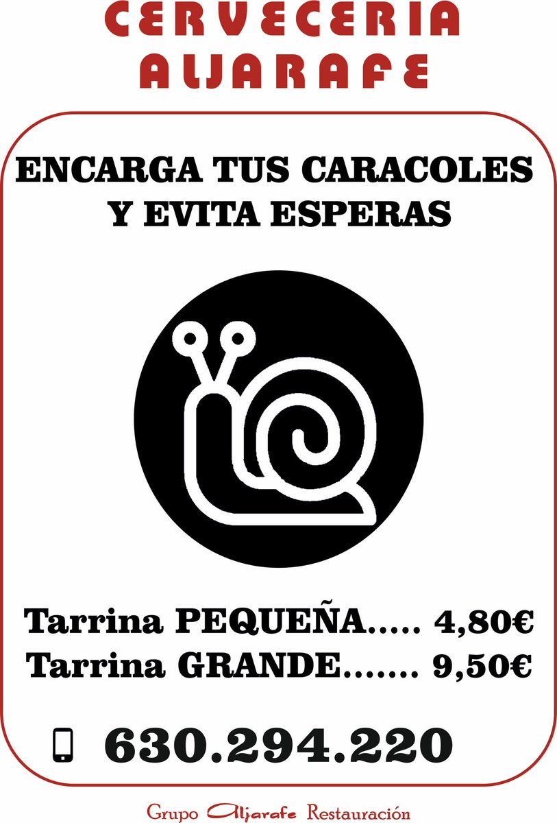 Ya tenemos CARACOLES en Cervecería Aljarafe, ven y disfrútalos en nuestra terraza  o encárgalos para llevar, tlfno 630.294.220
Calle Peru 49, edificio Corona Center, Bormujos