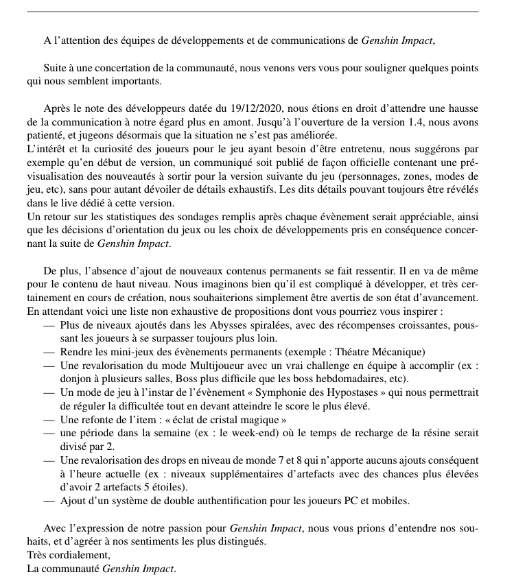 <a href="/genshinimpactfr/">Genshin Impact FR</a> nous souhaitons vous faire part des impressions de la communauté #GenshinImpact à travers cette action. Nous avons détaillé ci-dessous notre ressenti et nos espoirs envers Genshin Impact. #ImproveGenshinToTheBest