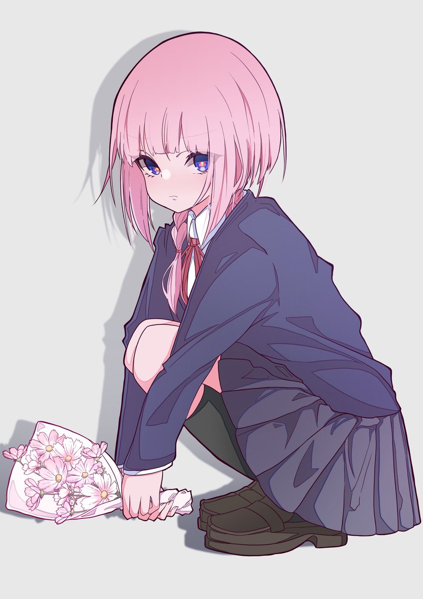 1girl solo pink hair jacket skirt loafers squatting  illustration images