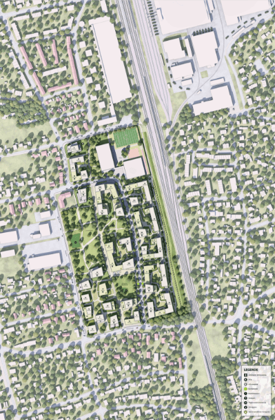 munich's kirschgelaende is a small development underway at outskirts. 30 acres. 1,300 homes - 40% affordable. of various types & sizes. 5 kindergartens. cafes. primary school. a mobility hub. a sports hall. half site green/open space. just... wtf are we even doing?