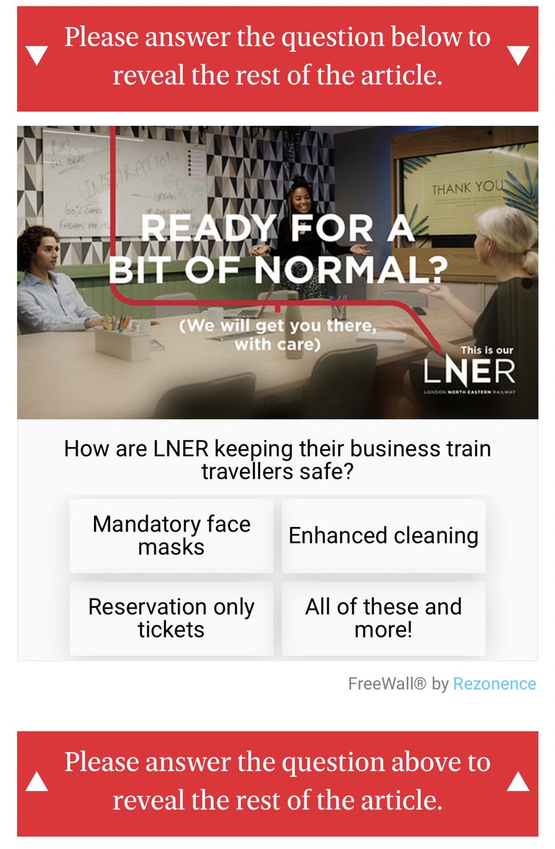 EmmaJuner's tweet photo. I’m supportive of #advertising and media owners and brands need to be innovative but I HATE this ‘answer the question about our brand or else’ format. I don’t want to be forced to engage with an ad. And frankly I don’t care how @LNER are keeping their business travellers safe. https://t.co/R4Jf2Ovx4j