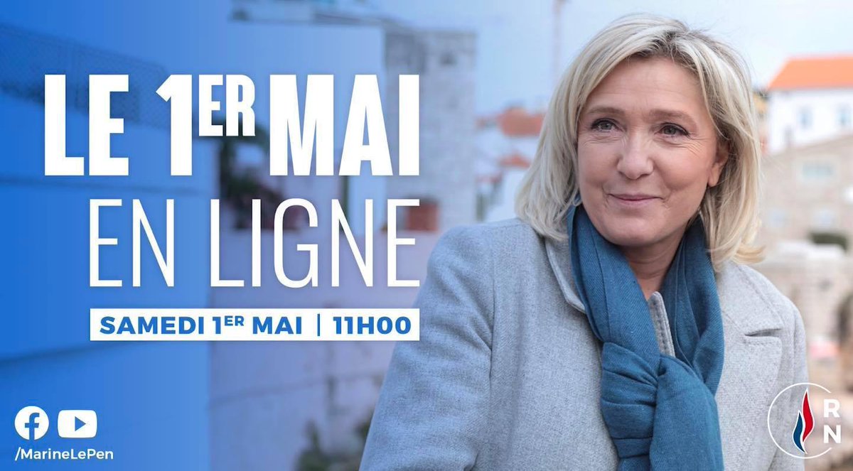 #1erMaiRN !
Rendez-vous aujourd'hui à 11h, pour suivre le discours de Marine Le Pen :
- Sur Youtube 👉 youtube.com/channel/UCU3z3…
- Sur Facebook 👉 facebook.com/MarineLePen/