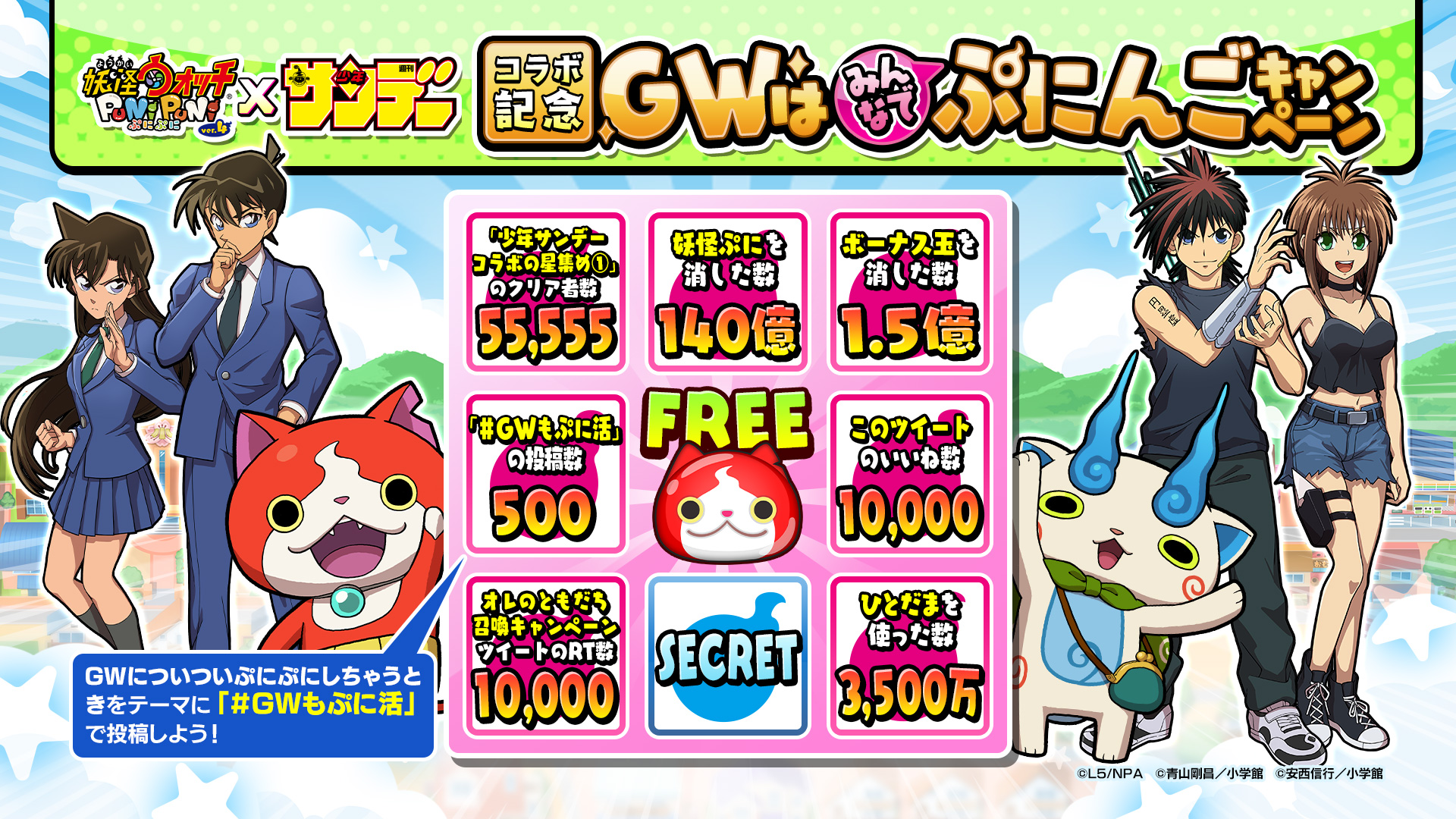妖怪ウォッチ ぷにぷに公式 ビンゴキャンペーン 5 9 日 まで 少年サンデーコラボ記念 Gwはみんなでぷにんごキャンペーン を開催 全員で協力して ビンゴカードを埋めていこう ビンゴの達成数に応じて豪華報酬を全ユーザーにプレゼント