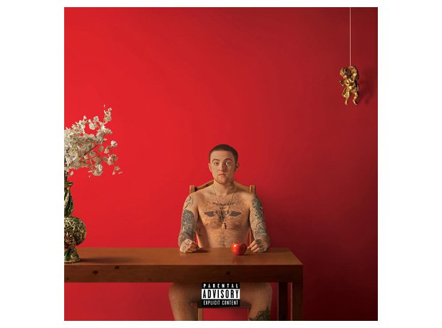 Mac Miller, 'Watching Movies With The Sound Off'The cover art for Mac Miller's 2013 album sees the rapper sitting naked behind a table with only an Explicit Content sign to protect his modesty.