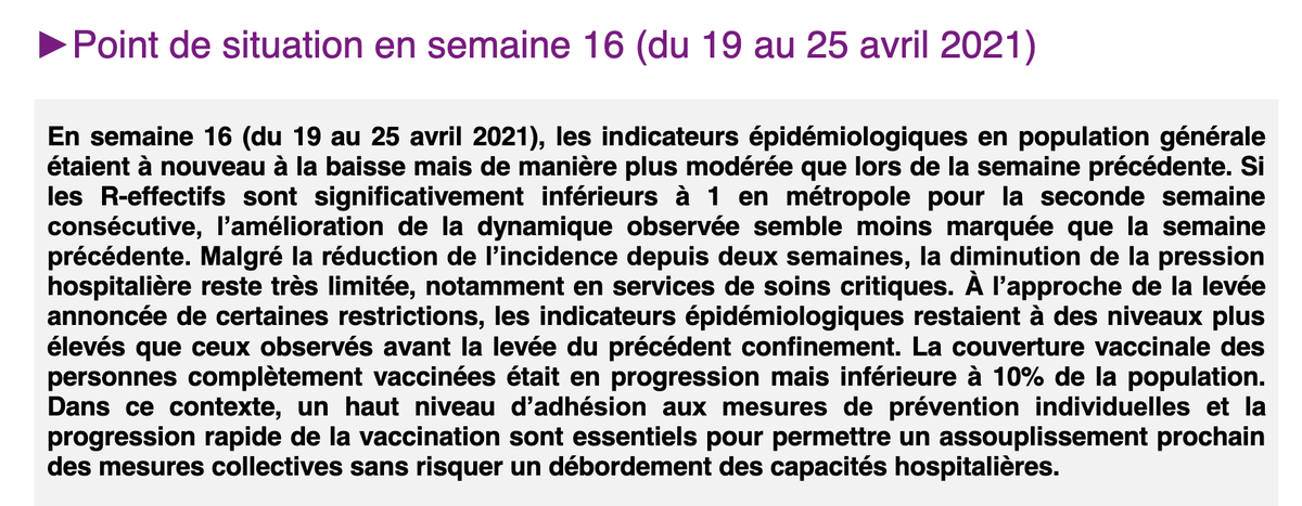 1/ Les annonces de levées de mesures de restriction suscitent des commentaires inquiets, jusqu'à la conclusion du rapport hebdomadaire de Santé Publique France. https://www.santepubliquefrance.fr/maladies-et-traumatismes/maladies-et-infections-respiratoires/infection-a-coronavirus/documents/bulletin-national/covid-19-point-epidemiologique-du-29-avril-2021