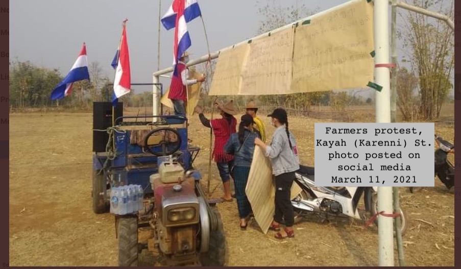 10. Wearing traditional hats, carrying farm tools, Myanmar’s agricultural workers participate in well-organized Spring Revolution anti-coup protests. Despite internet shutdowns their photos reach social media. Symbols of rural life are used in silent strike protest installations.