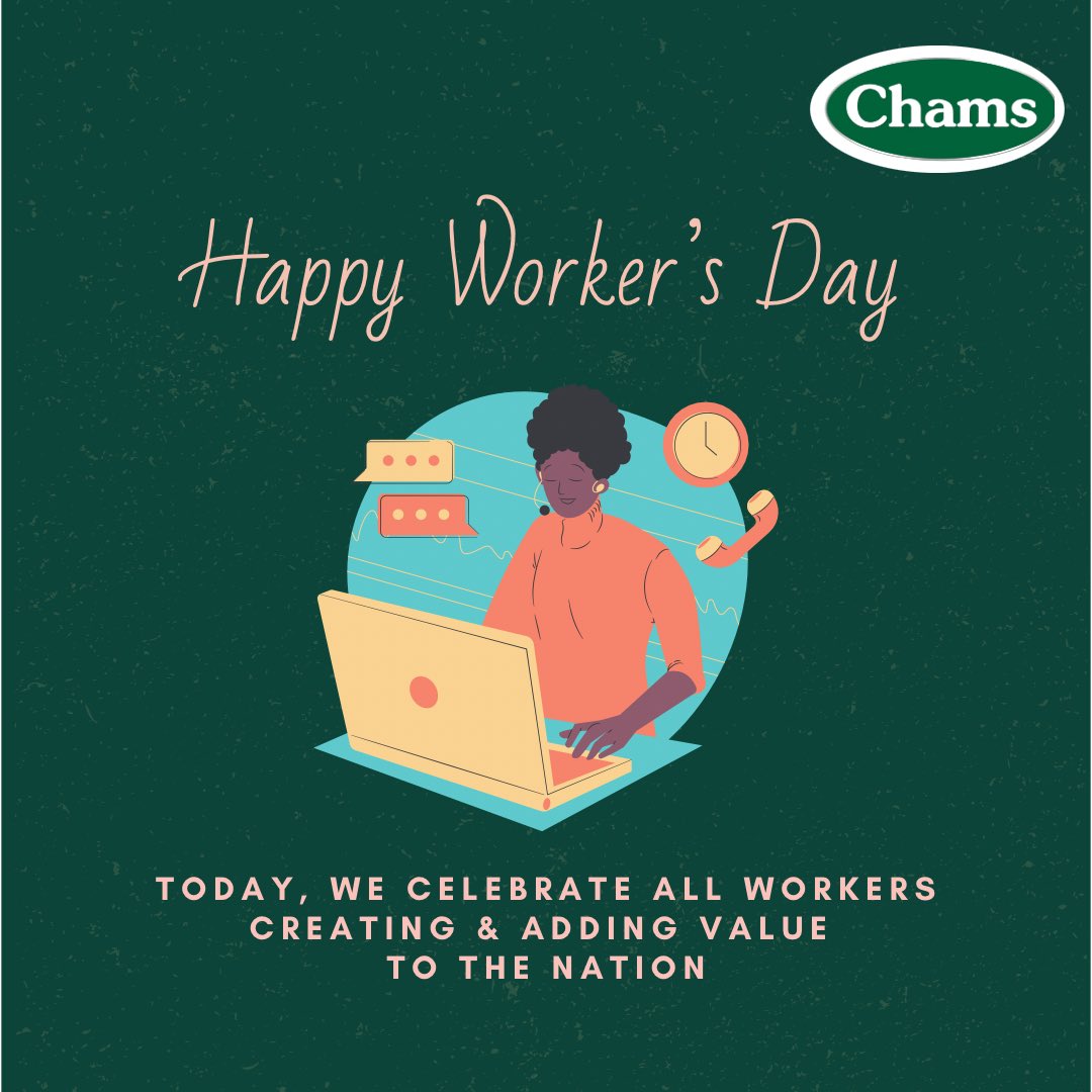 ChamsHoldCo's tweet image. Today we celebrate all our workers for helping us thrive regardless of all that life presents. Happy Worker&apos;s Day.
.
.
.
.
.
.
.
#chams #chamsplc #nigeria #happynewmonth #happyworkersday #technology #workersday #labourday #tech