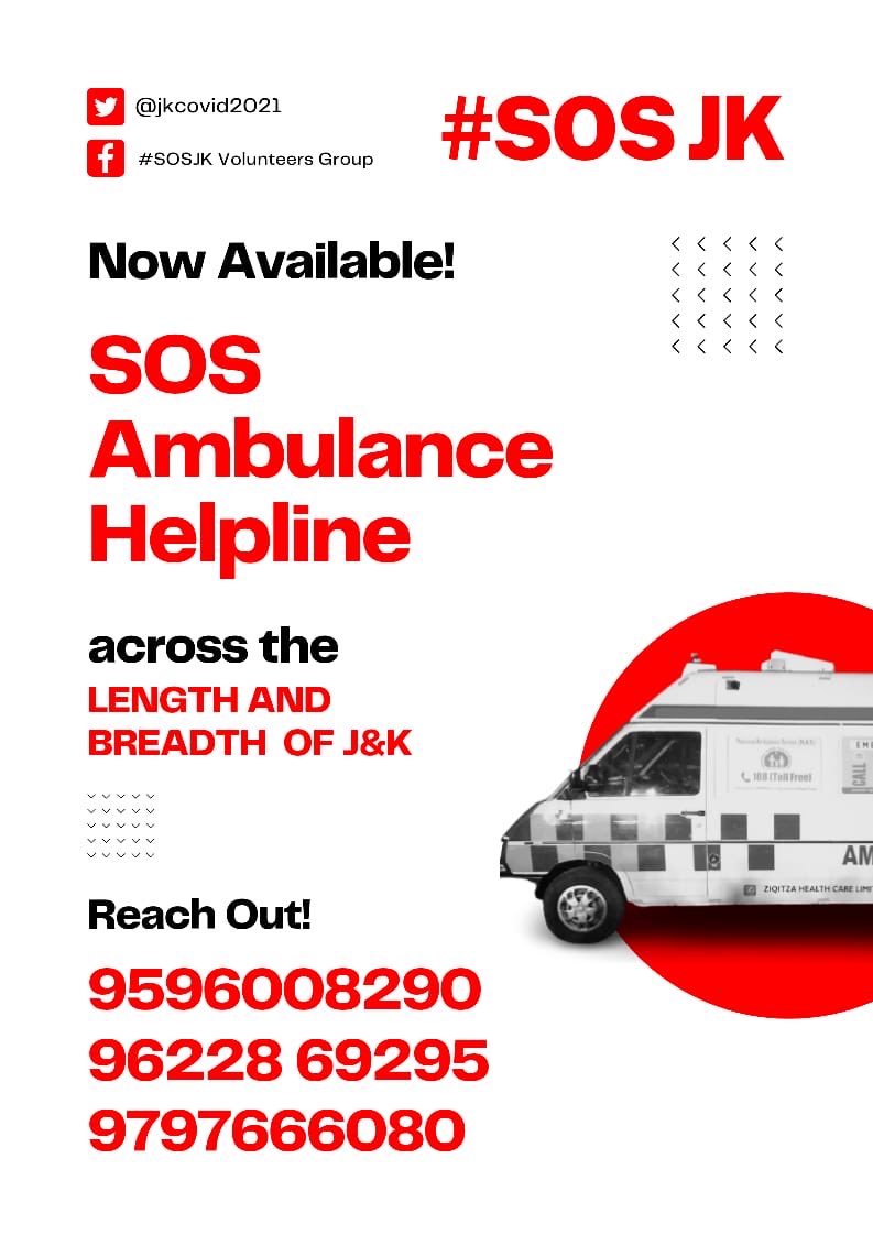 amitwanchoo's tweet photo. Ambulance services available for COVID-19 patients in Jammu and Kashmir. Please share and spread the word 
Call 9596008290, 9622869295, 9797666080
#SOSJK https://t.co/3kZDiCXyGp