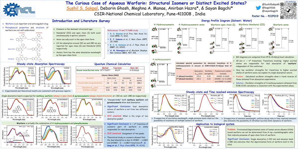 SushilSakpal6's tweet image. Presenting #PCCP_IISERTVM_MyPoster on #Warfarin #photophysics in aqueous solution from @bagchilab. Steady-state spectroscopy, time-resolved spectroscopy, and quantum calculations on structurally constrained warfarin derivatives.@PCCP #PCCP_IISERTVM_MyPoster
Poster Number PCCP019