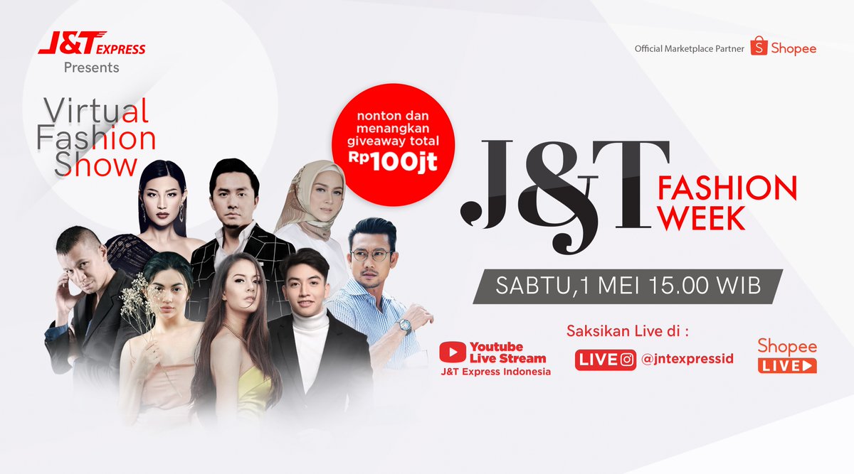 Sebelum kita mulai giveawaynya, mimin mau kasih tau dulu nih tentang J&amp;T Fashion Week!

Ada diskon hingga 50% dari 50 brand populer, dan cuma berlaku hari ini aja! So jangan sampe ketinggalan ya!

Saksikan di:
-Youtube J&amp;T Express Indonesia
-Instagram <a href="/jntexpressid/">J&T Express Indonesia</a> 
-Shopee Live