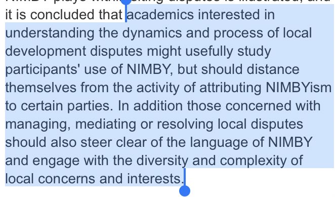 [Aside: I don’t use the term NIMBY for people who participate in the democratic Planning process as it tends to shame & exclude... it’s better to ‘engage with the diversity & complexity of local concerns & interests’ ]  https://www.researchgate.net/publication/233870177_Using_the_Language_of_NIMBY_A_topic_for_research_not_an_activity_for_researchers
