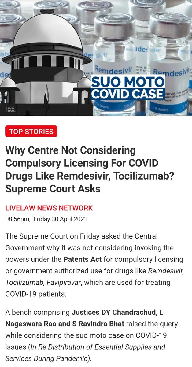 If this is not emergency then what is?

Why the Court should not issue emergency provisions &amp; invoke Sec 92 (compulsory licencing)or Sec 100 of the Patents Act to enable manufacture  generic drugs with respect to Remdesivir, Tolicizumab, covaxin and covishild.

#vaccine
#COVID19