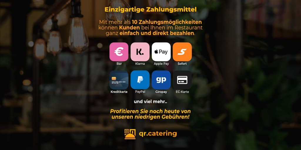PayPal, Sofort-Überweisung, Giropay und vieles mehr sind im Online-Handel bereits beliebte Zahlungsmethoden.

Bieten Sie Ihren Kunden neben der EC- und Barzahlung auch im #Restaurant die Möglichkeit, die Zahlungsmethode selbst zu wählen.

qr.catering/gebuehren-zahl…