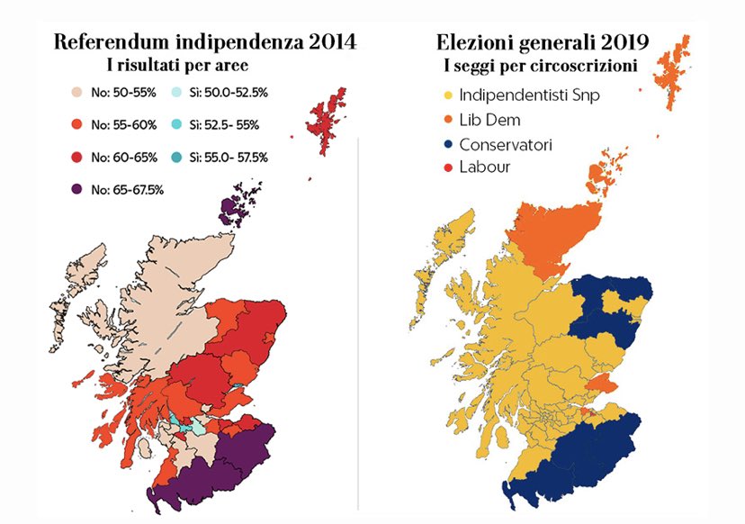4. Queste due mappe le trovate nel longread. Mettono in luce l'avanzata degli indipendentisti Snp negli anni: nel referendum 2014 pochissime aree votarono il sì all'indipendenza. Adesso, invece, gli indipendentisti hanno conquistato buona parte delle circoscrizioni in  #Scozia. 