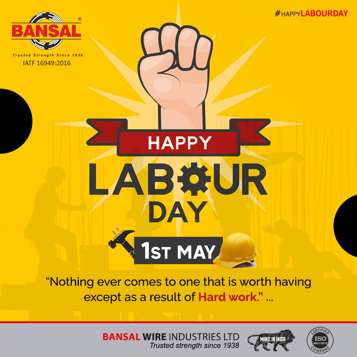 BansalWire's tweet photo. Nothing ever comes to one, that is worth having, except as a result of hard work.
Happy Labor Day!
#BansalGroup #BansalWire #HappyLaborDay #InternationalLabourDay #Labour
#LaborDay #Joy #Wishes #MayDay #LabourDay #Workers #Healthcare #Covid #HappyWorkerDay #StayHomeStaySafe https://t.co/NjOPSV6fUi