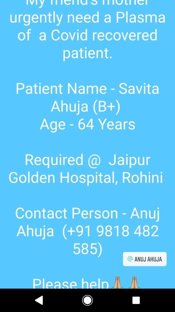advanirajesh's tweet photo. Plasma Required: B+ve

Contact: Anuj Ahuja, 9818482585
at Jaipur Golden Hospital, Rohini Delhi.
#SOSIYC #SOSDelhi @awwwnchal @BloodAid @srinivasiyc @yogitabhayana @KapilChopra72 https://t.co/5ANXaIBweM