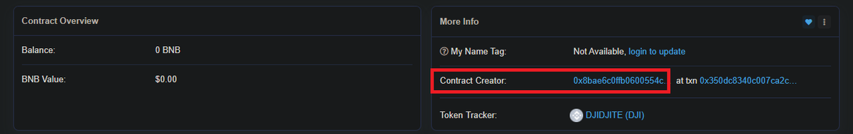 (2/N) - Lors de la création du token, on compile donc le contrat et on définit le nombre maximal de token disponible ainsi que le "owner" (la 1ere personne qui possèdera initialement la totalité des tokens). Le créateur sera identifiable via l'adresse du contract sur bscscan :
