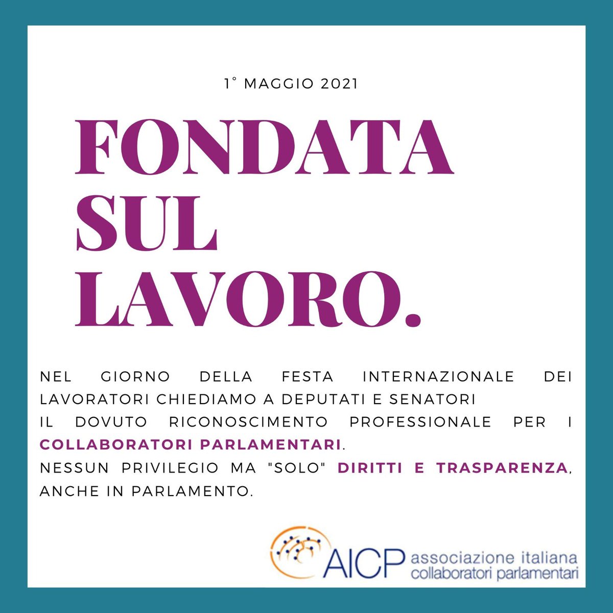 🔷 Nel giorno della #festadellavoro chiediamo il dovuto riconoscimento professionale per i #collaboratoriparlamentari 
Nessun privilegio ma “solo”DIRITTI, DIGNITÀ e TRASPARENZA anche in #Parlamento.
<a href="/Roberto_Fico/">Roberto Fico</a> @Pres_Casellati <a href="/Montecitorio/">Camera dei deputati</a> <a href="/SenatoStampa/">Senato Repubblica</a> 
#1maggio