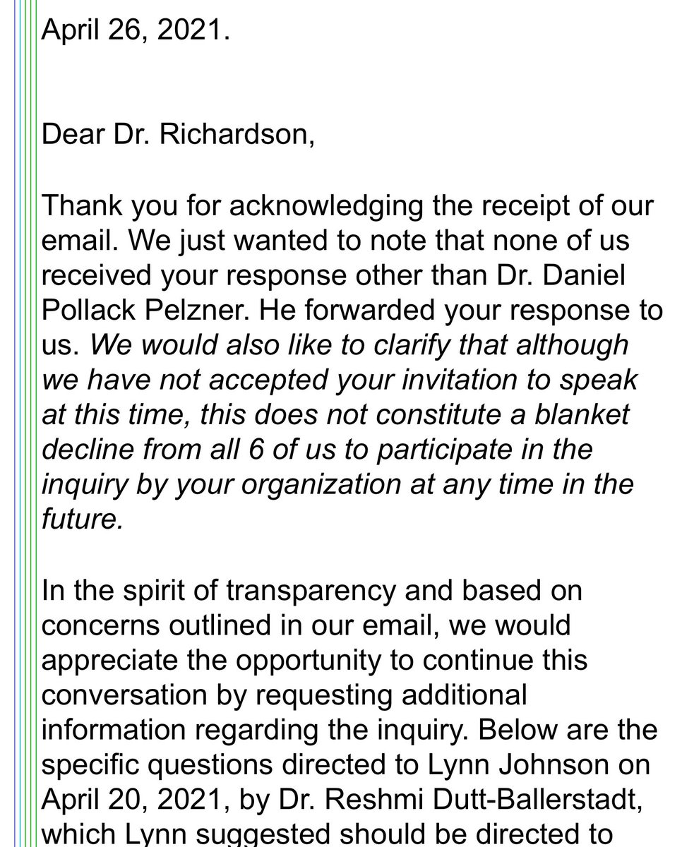 11) On April 26th (Monday), a bit puzzled by Dr. Richardson’s response, we emailed again to clarify. Here is what we asked: