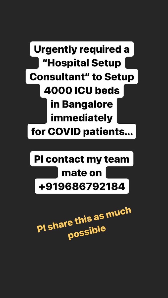 Urgently required a 
“Hospital Setup Consultant” to Setup 4000 ICU beds 
in Bangalore immediately 
for COVID patients... 

Pl contact my team mate on +919686792184.  @drkarishma_aesthetics #medicalart #medicalconsultant #hospitalconsultant #newhospital