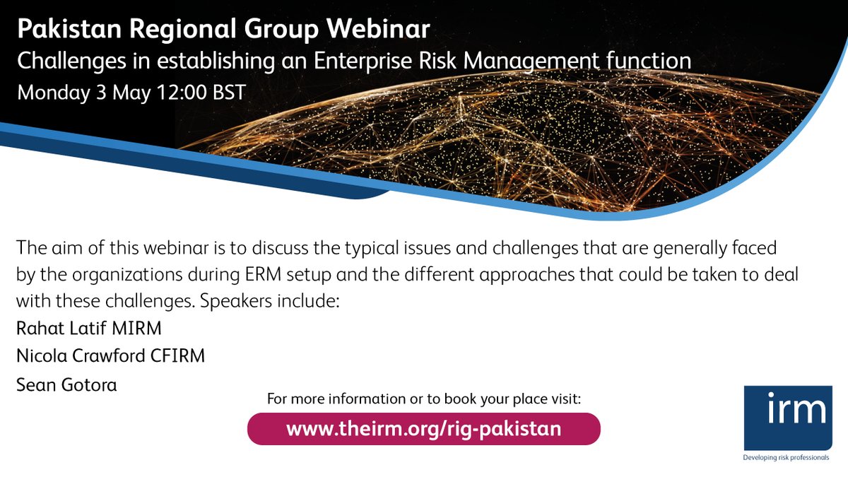 irmglobal's tweet photo. Our #Pakistan Regional Group is hosting a webinar on the 3 May. This #webinar focuses on the "challenges in establishing an #Enterprise #Risk #Management function" in a company. #Riskmanagement #business #riskprofessional #safety #risks
Register here: https://t.co/BHCXzRBzeR https://t.co/Za0K5JQuCV